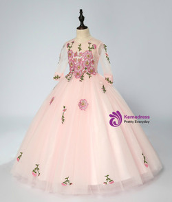 Pink Tulle Appliques Long Sleeve Floor Length Flower Girl Dress