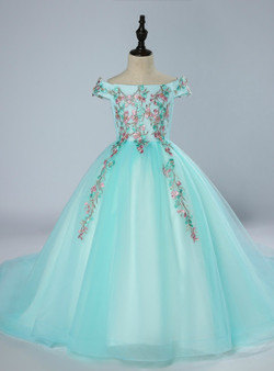 Blue Ball Gown Tulle Off The Shoulder Flower Girl Dress
