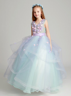 Blue Tulle V-neck Appliques Floor Length Flower Girl Dress