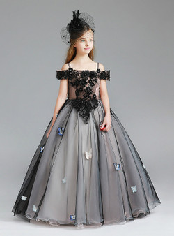Black Spaghetti Straps Tulle Appliques With Butterfly Flower Girl Dress
