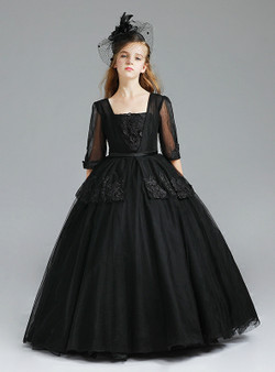 Ball Gown Black Tulle Half Sleeve Floor Length Flower Girl Dress