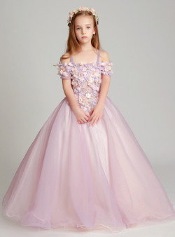 Pink Tulle Spaghrtti Straps Appliques Floor Length Flower Girl Dress