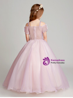 Pink Tulle Spaghrtti Straps Appliques Floor Length Flower Girl Dress