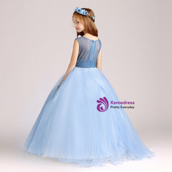 A-Line Blue Tulle V-neck Appliques Floor Length Flower Girl Dress