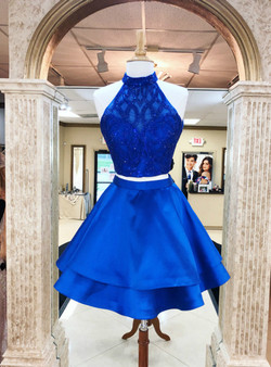 A-line Blue Satin Halter Neckline Two Pieces Homecoming Dresses
