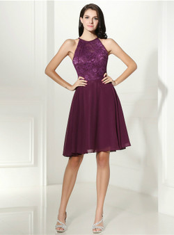 Purple Chiffon Lace Halter Backless Short Homecoming Dress
