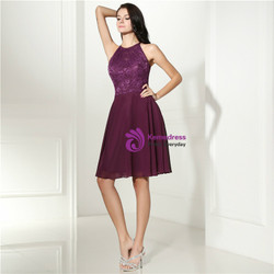 Purple Chiffon Lace Halter Backless Short Homecoming Dress