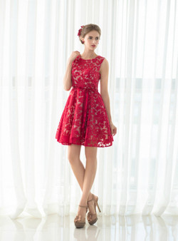 A-Line Red Lace Short Homecoming Dress With Sash