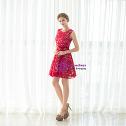 A-Line Red Lace Short Homecoming Dress With Sash