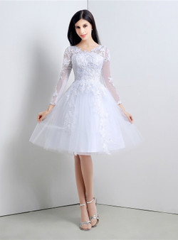 A-Line White Tulle Appliques Long Sleeve Homecoming Dress