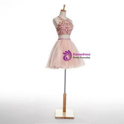 Pink Two Piece Halter Backless Tulle With Crystal Homecoming Dress