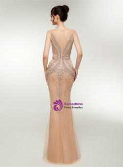 Sexy Champagne Tulle See Through Neck Prom Dress With Crystal