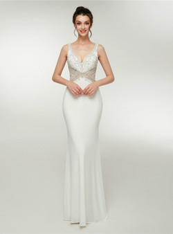 White Meramid Deep V-neck Backless Prom Dress With Crystal