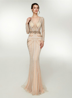Champagne Mermaid Tulle Long Sleeve Prom Dress With Crystal