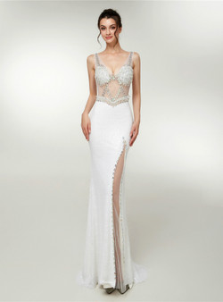 White Lace Mermaid Deep V-neck Backless Prom Dress With Side Split