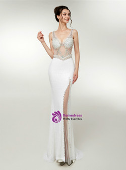 White Lace Mermaid Deep V-neck Backless Prom Dress With Side Split