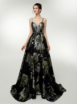 A-Line Black Satin Spaghetti Straps Print Backless Prom Dress