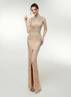 Champagne Tulle Mermaid Floor Length Prom Dress With Beading