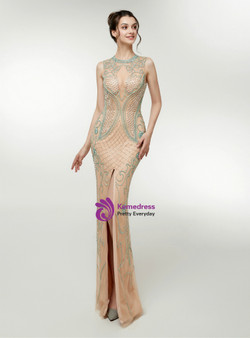 Champagne Tulle Mermaid Floor Length Prom Dress With Beading