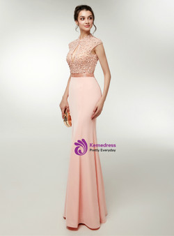 Pink Satin Mermaid High Neck Backless Prom Dress With Beading