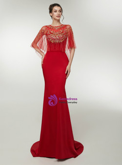 Red Mermaid Satin Floor Length Prom Dress With Crystal