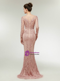 Pink Mermaid Lace Appliques Long Sleeve Prom Dress With Pearls