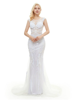 White Tulle Mermaid Tulle Sequins Backless Prom Dress With Pearls