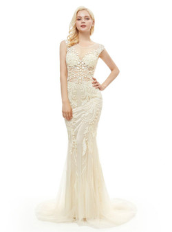 Champagne Tulle Mermaid Tulle Sequins Backless Prom Dress With Pearls