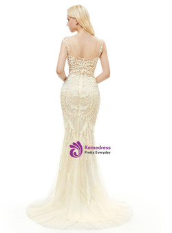 Champagne Tulle Mermaid Tulle Sequins Backless Prom Dress With Pearls