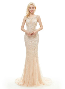 Champagne Tulle Sequins Mermaid Prom Dress With Beading Champagne Tulle Sequins Mermaid Prom Dress With Beading