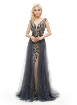 A-Line Gray Tulle V-neck Backless Floor Length Prom Dress