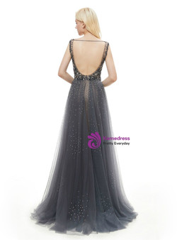 A-Line Gray Tulle V-neck Backless Floor Length Prom Dress
