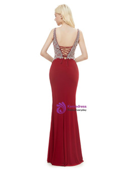 Red Mermaid V-neck Backless Floor Length Prom Dress With Crystal