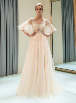 Champagne Pink Tulle V-neck Sequins Floor Length Prom Dress