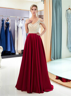 Burgundy Satin Cold Shoulder V-neck Backless Prom Dress With Beading