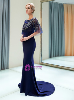 Blue Satin Mermaid Beading Floor Length Prom Dress