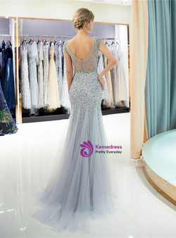 Gray Meramid Tulle Cap Sleeve Backless With Beading Prom Dress