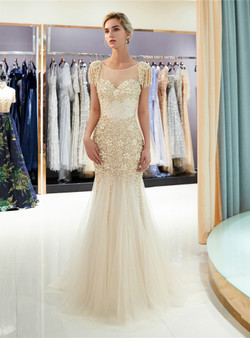 Champagne Meramid Tulle Cap Sleeve Backless With Beading Prom Dress Champagne Meramid Tulle Cap Sleeve Backless With Beading Prom Dress