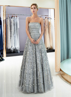 Silver Tulle Sequins Strapless Backless Floor Length Prom Dress