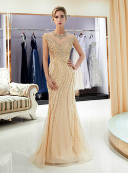 Champagne Mermaid Tulle Cap Sleeve Beading Prom Dress