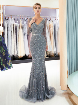 Gray Mermaid Tulle Sequins Long Sleeve With Beading Prom Dress Gray Mermaid Tulle Sequins Long Sleeve With Beading Prom Dress