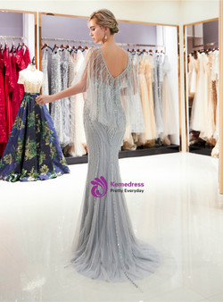 Gray Tulle Mermaid Sequins Cap Sleeve Backless Prom Dress