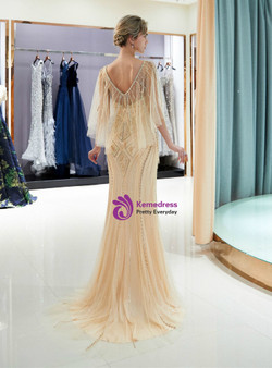Champagne Tulle Mermaid Sequins Cap Sleeve Backless Prom Dress Champagne Tulle Mermaid Sequins Cap Sleeve Backless Prom Dress