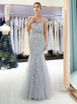 Silver Gray Tulle Sequins Beading Backless Floor Length Prom Dress