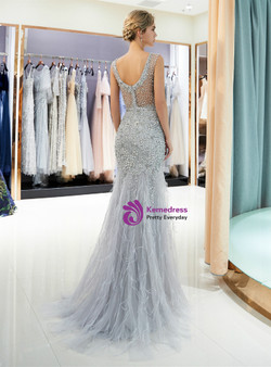 Silver Gray Tulle Sequins Beading Backless Floor Length Prom Dress