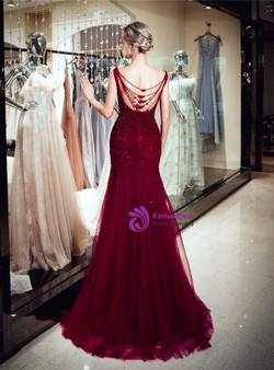 Burgundy Meramid Bateau Backless Tulle Sequins Prom Dress
