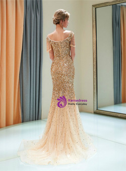 Champagne Tulle Off The Shoulder Sequins Floor Length Prom Dress