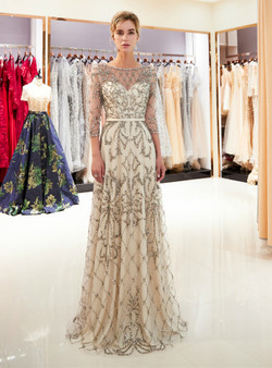 Light Champagne See Through Tulle Sequins 3/4 Sleeve Prom Dress