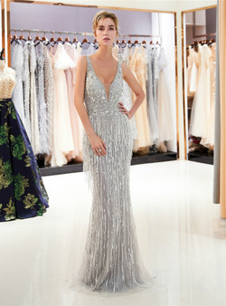 Silver Gray Mermaid Tulle Sequins V-neck Backless Prom Dress