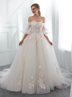Light Champagne Tulle Off The Shoulder Appliques Wedding Dress